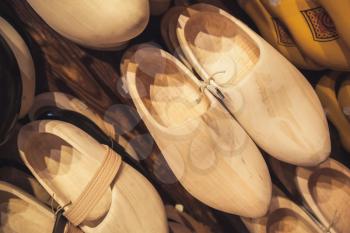 Uncolored clogs made of poplar wood. Klompen, traditional Dutch shoes for everyday use 