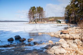 Coast of Saimaa lake, Imatra, Finland. Spring Finnish landscape