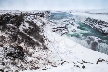 Gullfoss or Golden Waterfall in canyon of Hvita river, one of the most popular natural landmarks of Iceland