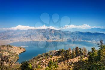 Aerial view to Phewa lake and Annapurna range from World Peace Pagoda in Pokhara, Nepal 