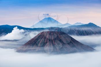Bromo, Batok and Semeru volcanoes at sunrise, Java island, Indonesia