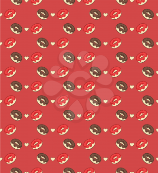 Seamless sweet pattern with donuts and hearts on red background