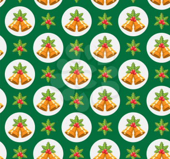 Seamless Traditional Christmas Pattern with Holly Sprigs and Jingle Bells Isolated on Green Background