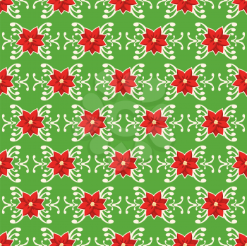 Seamless Christmas Pattern with Poinsettia Ornament Isolated on Green Background