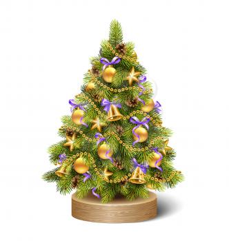Festive Decoration Christmas Tree Pine On Wooden Stand Isolated on White Background