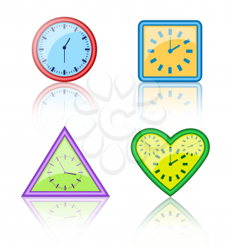 Bright multicolored different forms of clocks with reflection on white background