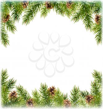Green Christmas Tree Pine Branches with Pinecones Like Frame with Snowfall on White Background