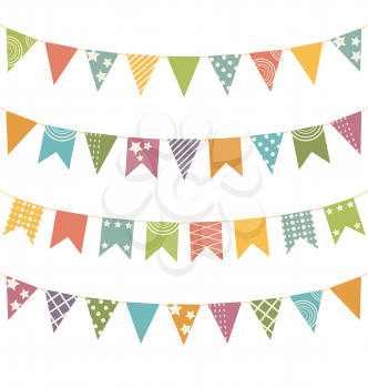 Set of multicolored flat buntings garlands with ornament isolated on white background