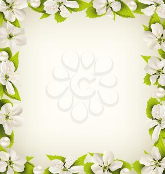 Cherry flowers with pearl beads like frame on beige background
