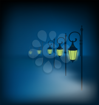 Lanterns stand in fog on dark blue background