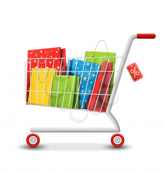 Sale Colorful Shopping Cart with Bags Isolated on White Background