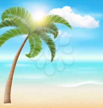 Beach with Palm and Clouds. Summer Vacation Holiday Background