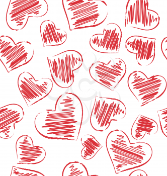 Seamless pattern of hand-drawn hearts isolated on white background