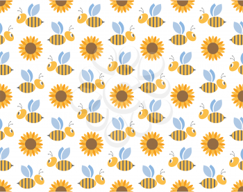 Spring bees and sunflowers seamless pattern isolated on white background