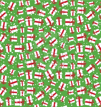 Seamless Bright Fun Christmas Winter Pattern with Gift Boxes in Snowfall Isolated on Green Background