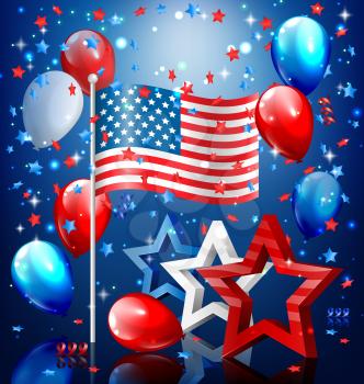 Shiny USA celebration independence day concept with nation flag stars confetti and balloons on blue background