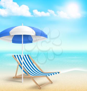 Beach with sun beach umbrella beach chair and clouds. Summer vacation background