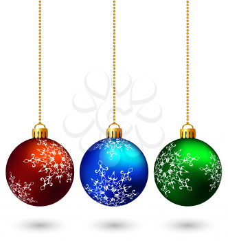 Three multicolored christmas balls hang on the chain isolated on white background