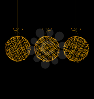 Three wicker golden Christmas balls isolated on black background 