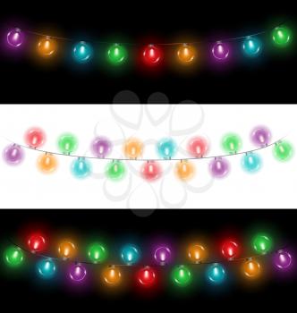Variations of multicolored glassy led Christmas lights garlands on black and white backgrounds