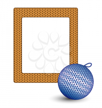 Knitted blue Christmas ball and orange frame isolated on white background