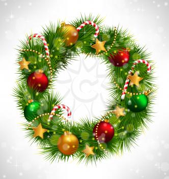 Shiny Christmas wreath with pine branches, candy canes, chains, stars, Christmas balls in snowfall on grayscale background