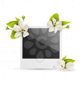 Photo frame with white cherry flowers isolated on white background