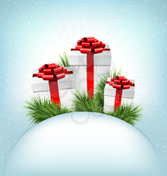 Three grayscale gift boxes with red bows, pine branches and blank frame in snowfall on blue background