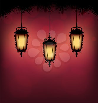 Three illuminated lanterns with pine branches on red background