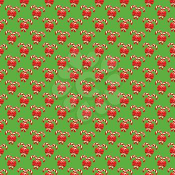 Seamless Christmas Pattern with Candy Cane Stick and Red Bow Isolated on Green Background