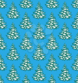 Seamless Pattern with Evergreen Christmas Tree Pine Fir Isolated on Blue Background