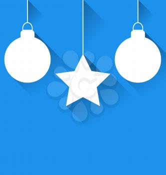 Two Christmas balls and star with effect of long shadows on blue background