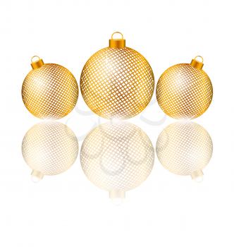 Three golden netting Christmas balls with reflection on white background