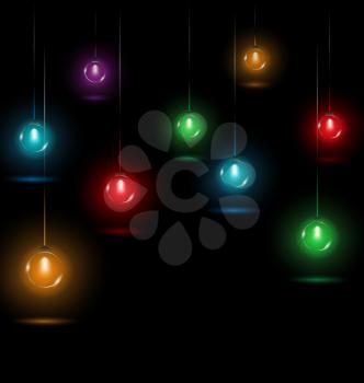 multicolored glassy circle led Christmas lights garlands hanging on black background