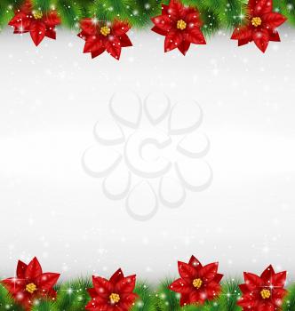 Shiny green pine branches like frame with flower of poinsettia in snowfall on grayscale background