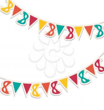 Multicolored buntings with carnival masks isolated on white background