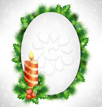 Candle, holly sprigs and pine branches with grayscale blank oval frame in snowfall on grayscale background
