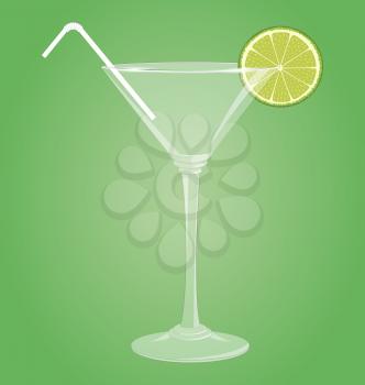 Empty glass for martini with lime and plastic tube on green background