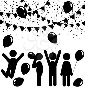 Flat celebration icons with air balloons, confetti and buntings isolated on white background