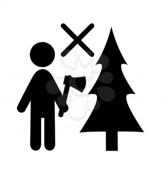Winter Attention Do Not Chop Christmas Tree Flat Black Pictogram Icon Isolated on White Background