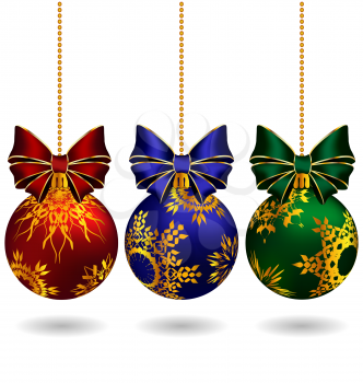 Three multicolored christmas balls with bows hanging on chain isolated on white background