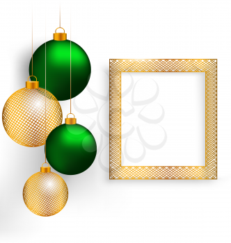 Two green and two golden netting Christmas balls with golden netting frame on grayscale background