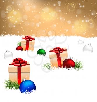 Three beige gift boxes with red bows, pine branches and multicolored Christmas balls on snow field on gold background