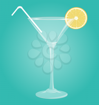 Empty glass for martini with lemon and plastic tube on blue background