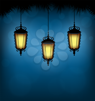 Three illuminated lanterns with pine branches on blue background