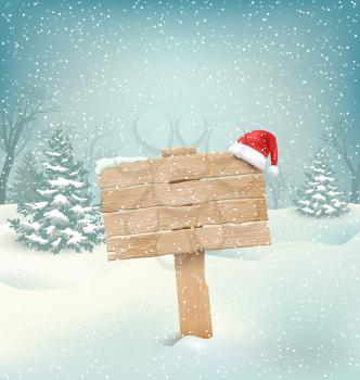 Winter Christmas Background with Wooden Signpost and Santa Hat