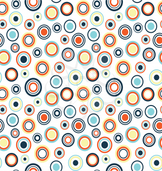 Bright fun abstract seamless pattern with multicolored circles on white background