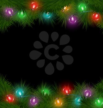 Multicolored led Christmas lights on pine branches isolated on black background