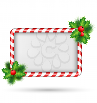 Candy cane frame with holly sprigs isolated on white background