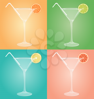 Empty glasses for martini with citrus and plastic tube on different multicolored backgrounds